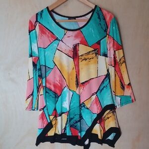 Fashion Caribe Colorful Geometric Pattern Tunic Asymetrical Hem, Stretch